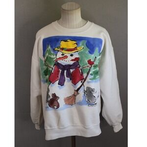 Diane Wat Design Snowman Sweatshirt Medium White Vintage Graphic Christmas Women